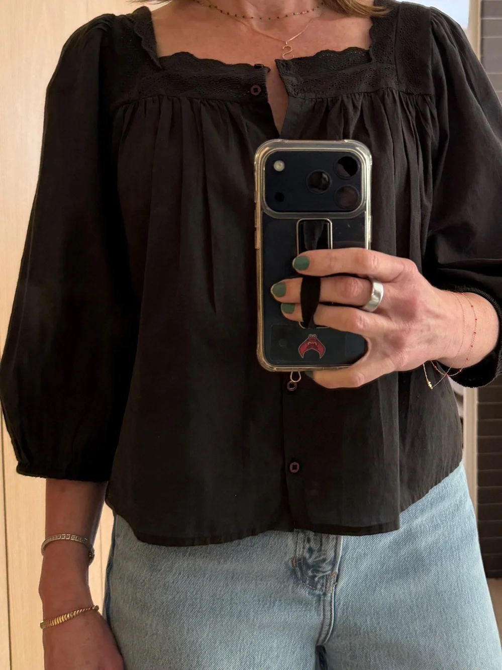 THE GREAT. Black Eyelet Square-Neck Button-Up Blouse - Picture 5 of 5